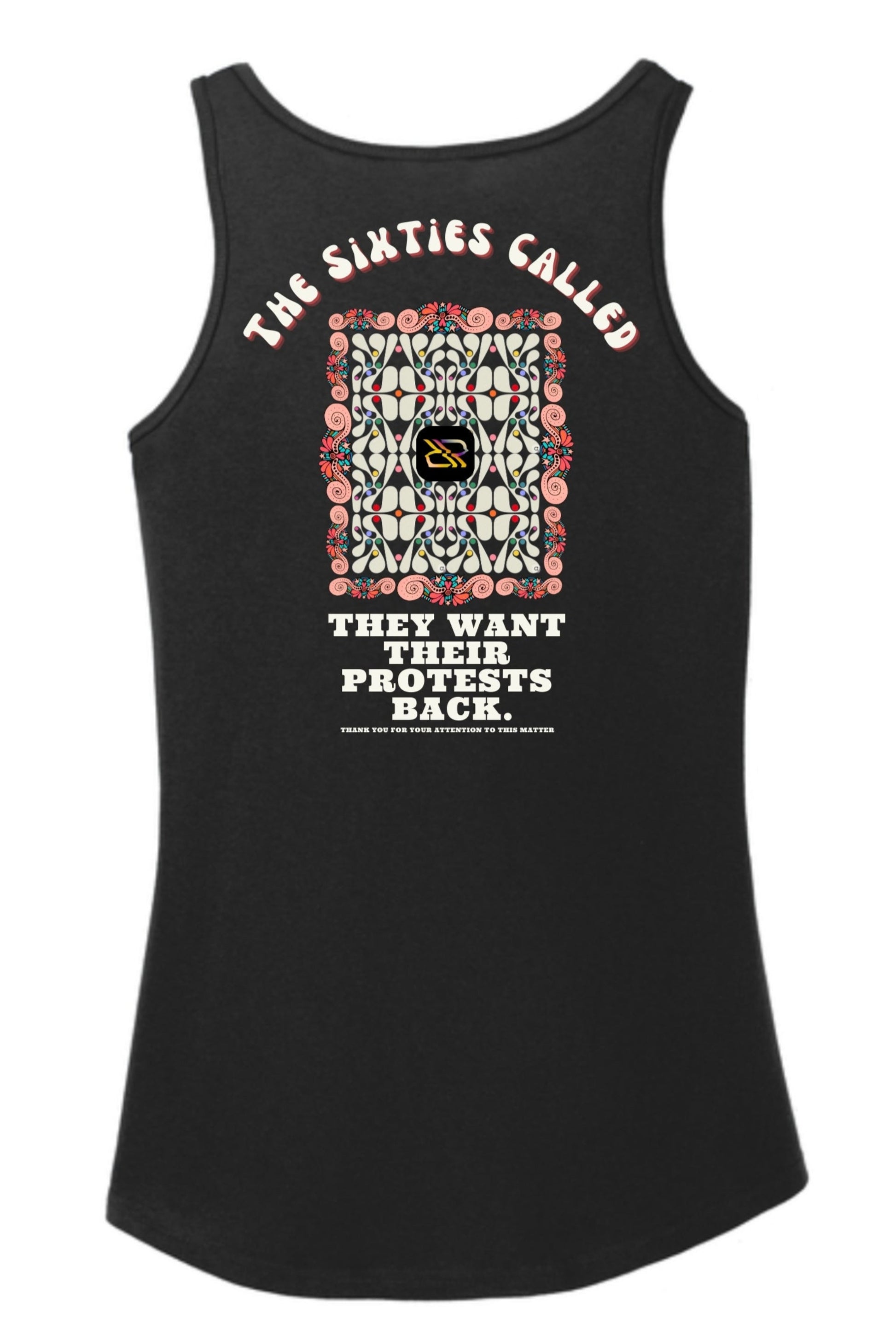 Black tank top with graphic design and text on a white background