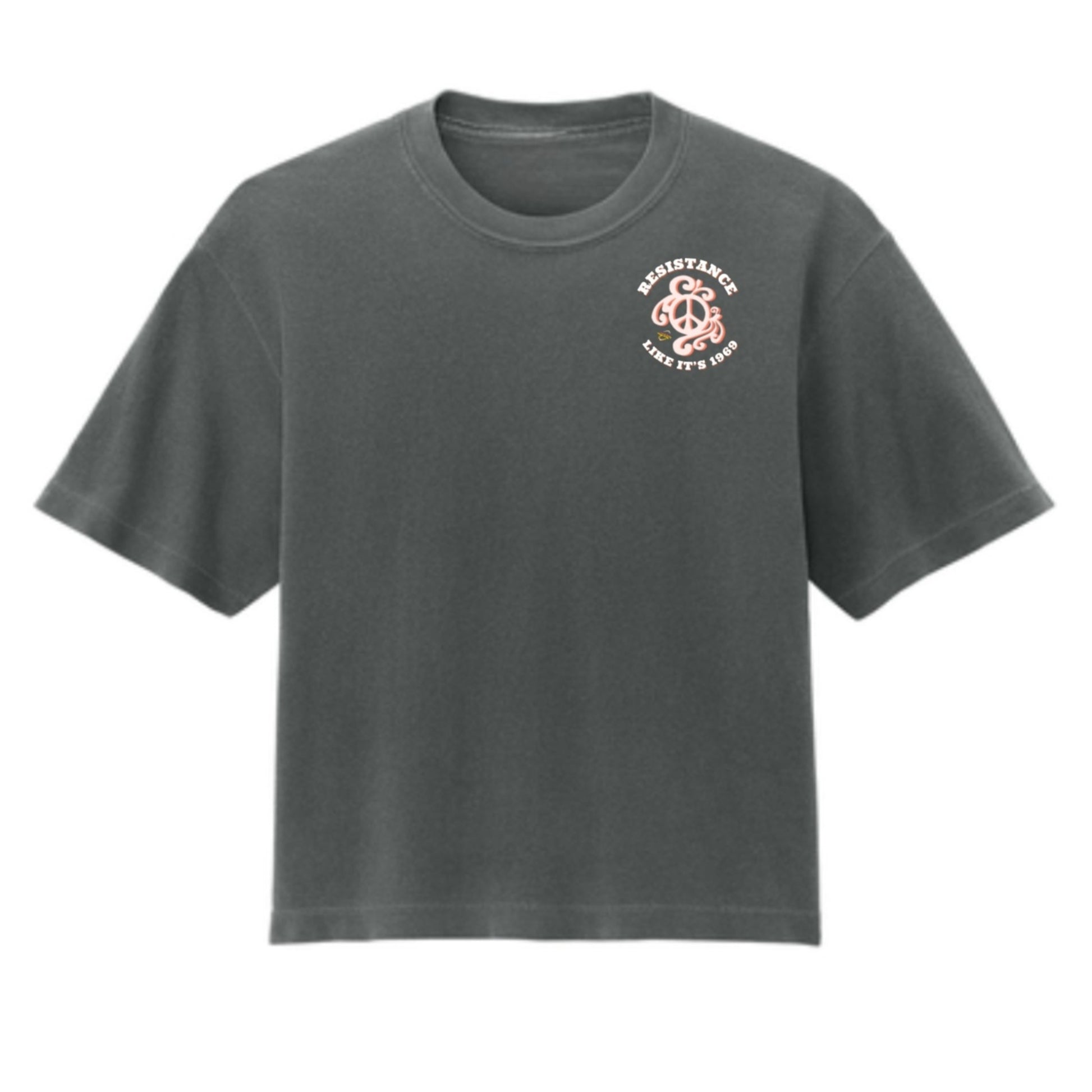 Gray t-shirt with a logo on a white background